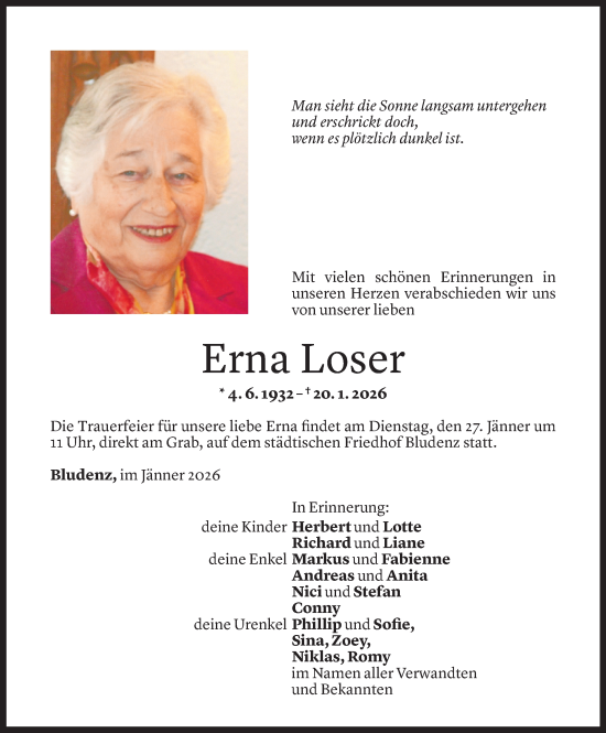 Todesanzeige von Erna Loser von Vorarlberger Nachrichten