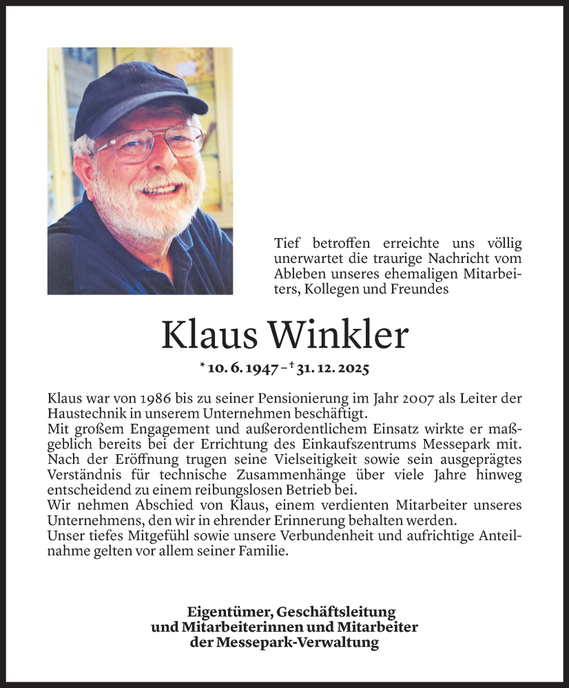  Todesanzeige für Klaus Winkler vom 06.01.2026 aus Vorarlberger Nachrichten