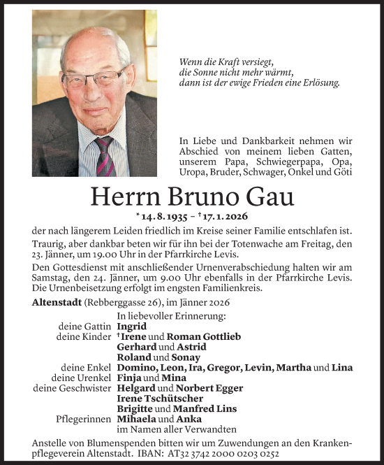Todesanzeige von Bruno Gau von Vorarlberger Nachrichten