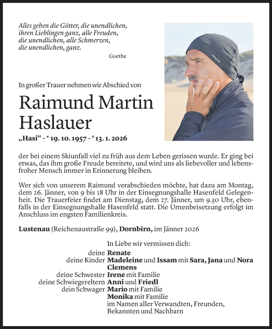 Todesanzeige von Raimund Martin Haslauer von Vorarlberger Nachrichten
