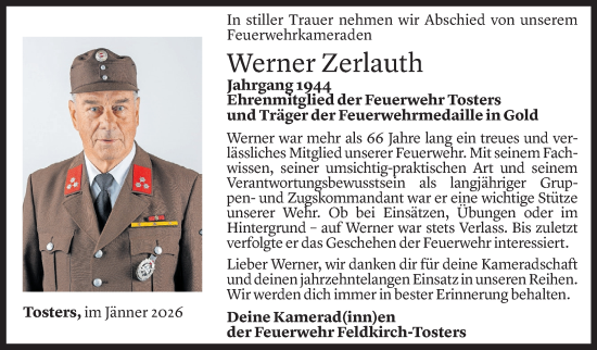 Todesanzeige von Werner Zerlauth von Vorarlberger Nachrichten