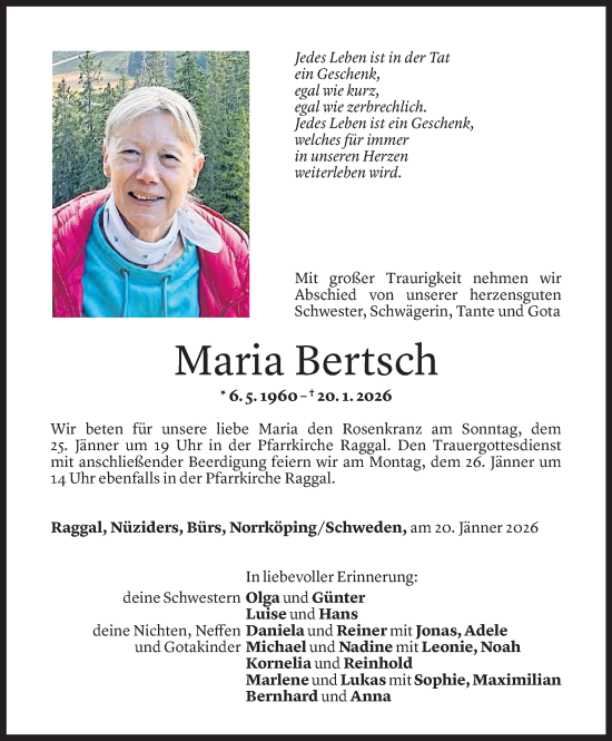 Todesanzeige von Maria Bertsch von Vorarlberger Nachrichten