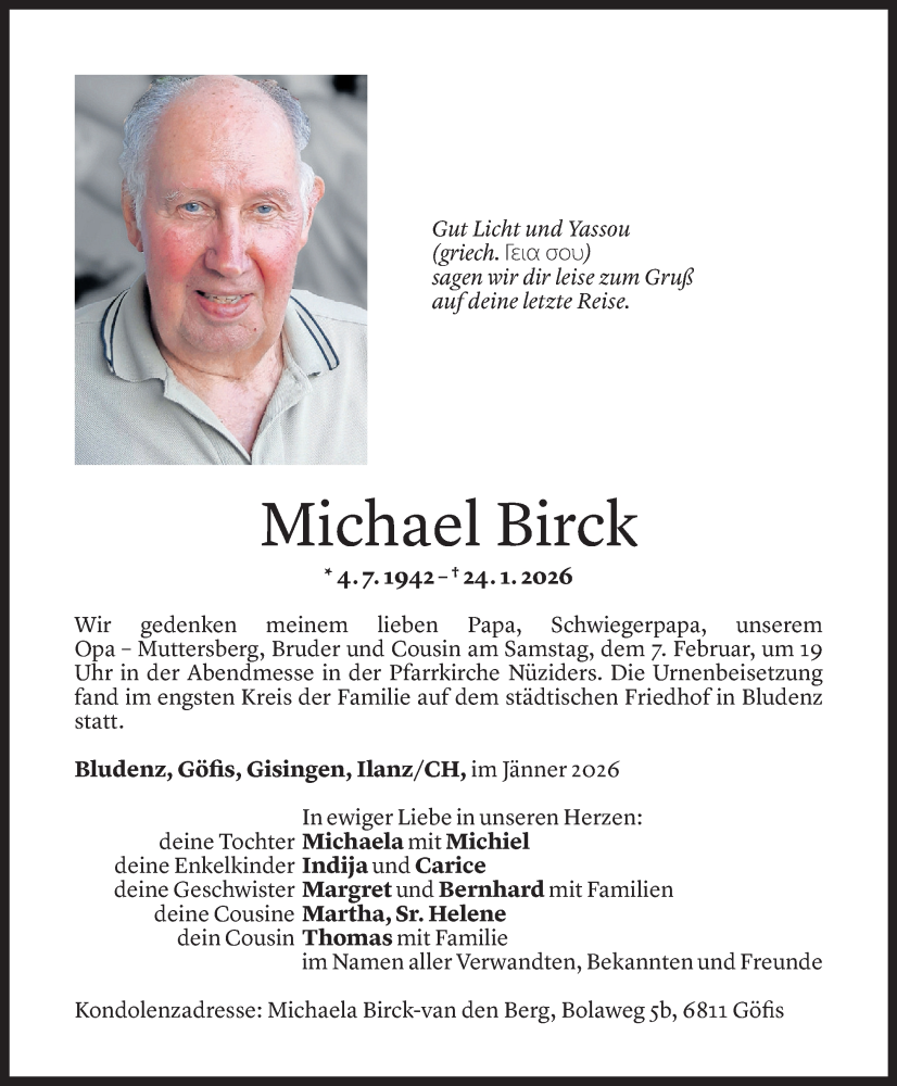  Todesanzeige für Michael Birck vom 02.02.2026 aus Vorarlberger Nachrichten