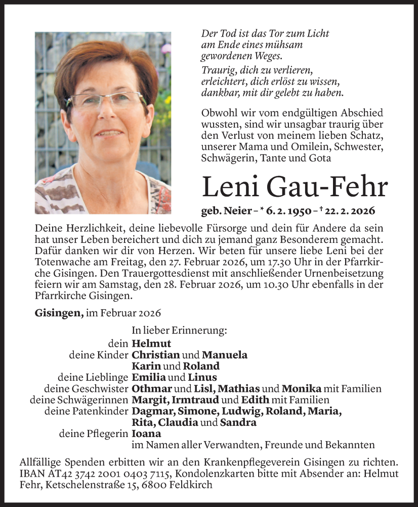  Todesanzeige für Leni Gau-Fehr vom 25.02.2026 aus Vorarlberger Nachrichten