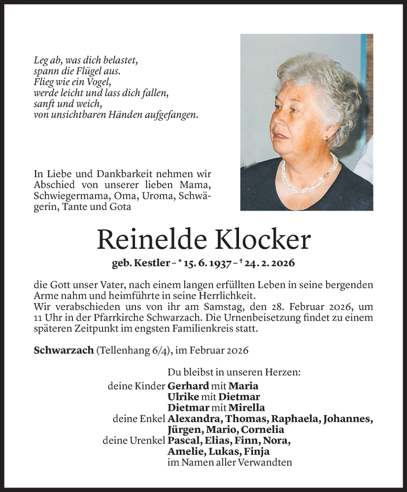  Todesanzeige für Reinelde Klocker vom 25.02.2026 aus Vorarlberger Nachrichten
