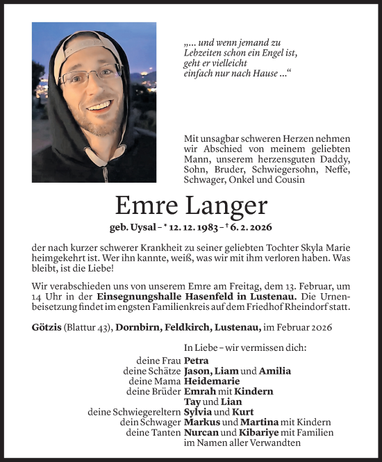 Todesanzeige von Emre Langer von Vorarlberger Nachrichten