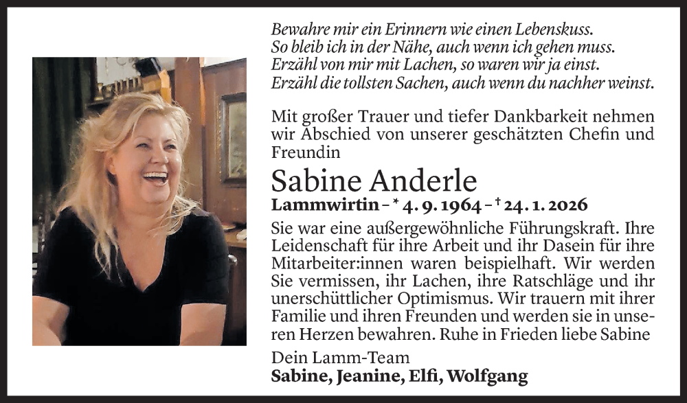  Todesanzeige für Sabine Anderle vom 06.02.2026 aus Vorarlberger Nachrichten