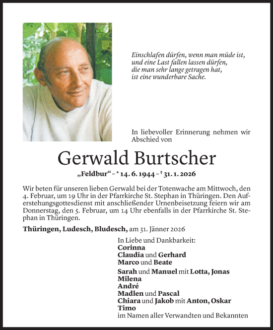 Todesanzeige von Gerwald Burtscher von Vorarlberger Nachrichten