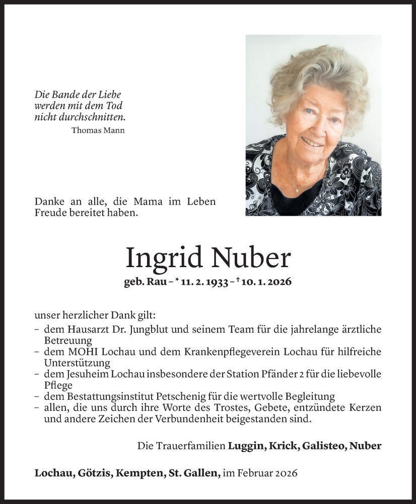  Todesanzeige für Ingrid Nuber vom 05.02.2026 aus Vorarlberger Nachrichten