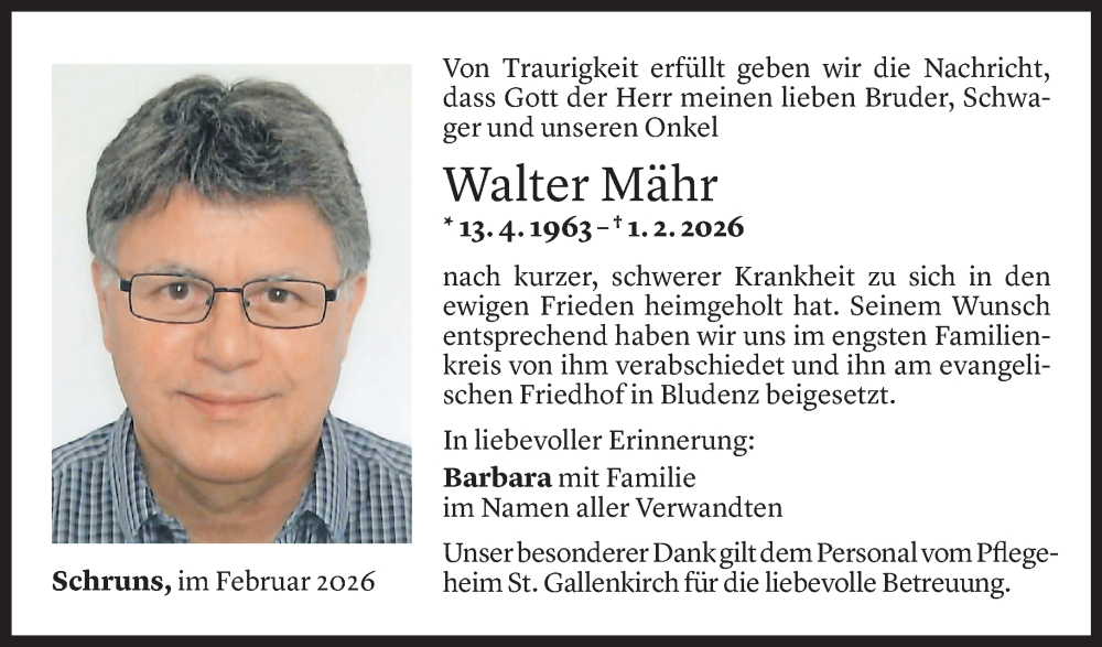  Todesanzeige für Walter Mähr vom 24.02.2026 aus Vorarlberger Nachrichten