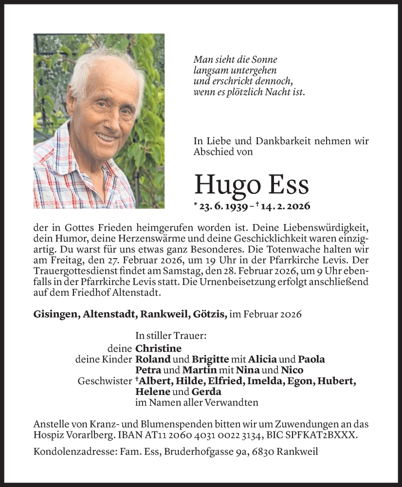  Todesanzeige für Hugo Ess vom 20.02.2026 aus Vorarlberger Nachrichten