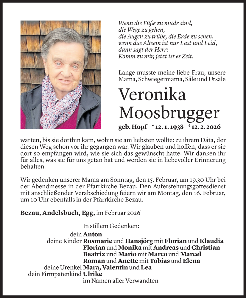  Todesanzeige für Veronika Moosbrugger vom 13.02.2026 aus Vorarlberger Nachrichten