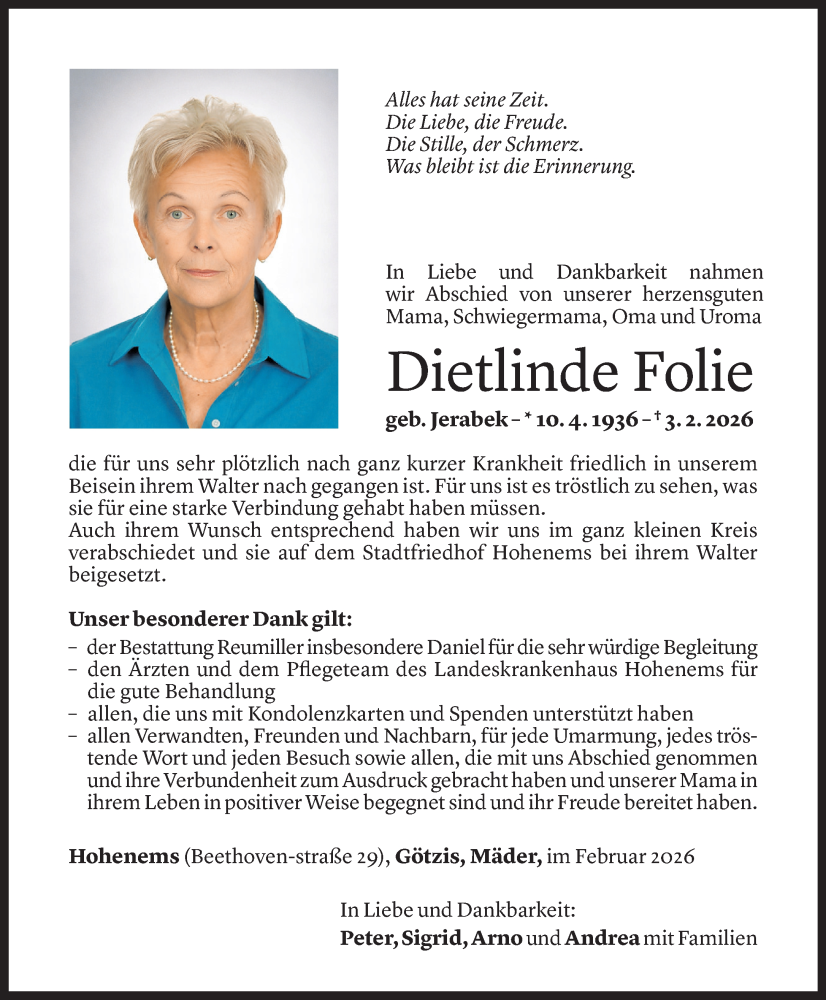  Todesanzeige für Dietlinde Folie vom 14.02.2026 aus Vorarlberger Nachrichten