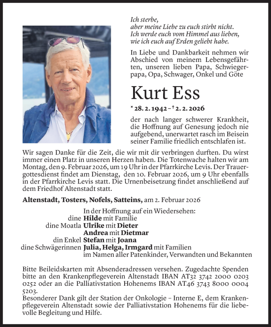 Todesanzeige von Kurt Ess von Vorarlberger Nachrichten