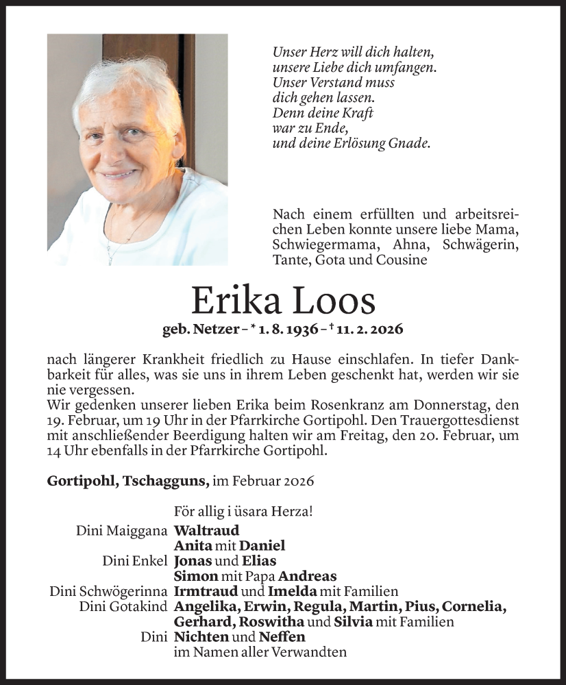  Todesanzeige für Erika Loos vom 14.02.2026 aus Vorarlberger Nachrichten