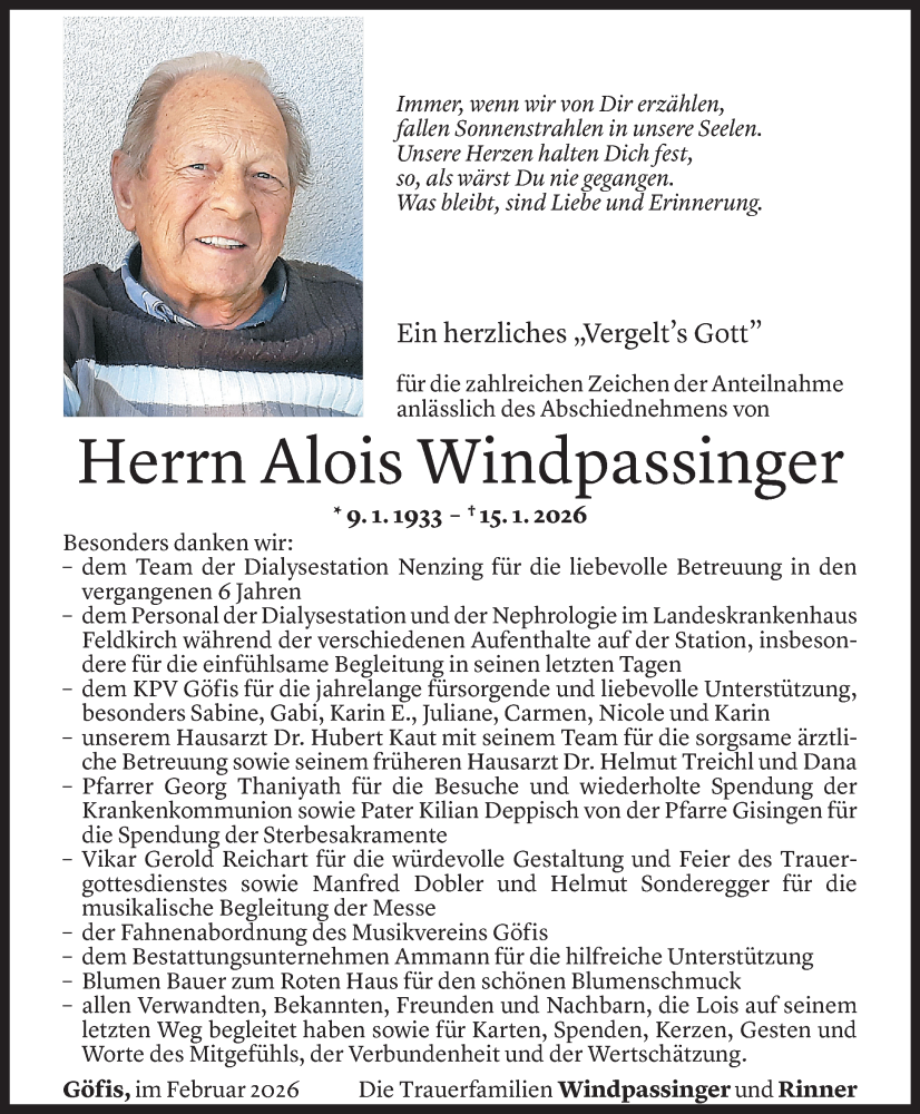  Todesanzeige für Alois Windpassinger vom 10.02.2026 aus Vorarlberger Nachrichten