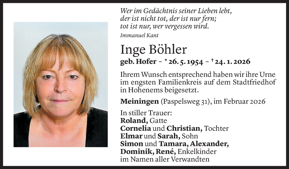  Todesanzeige für Inge Böhler vom 07.02.2026 aus Vorarlberger Nachrichten
