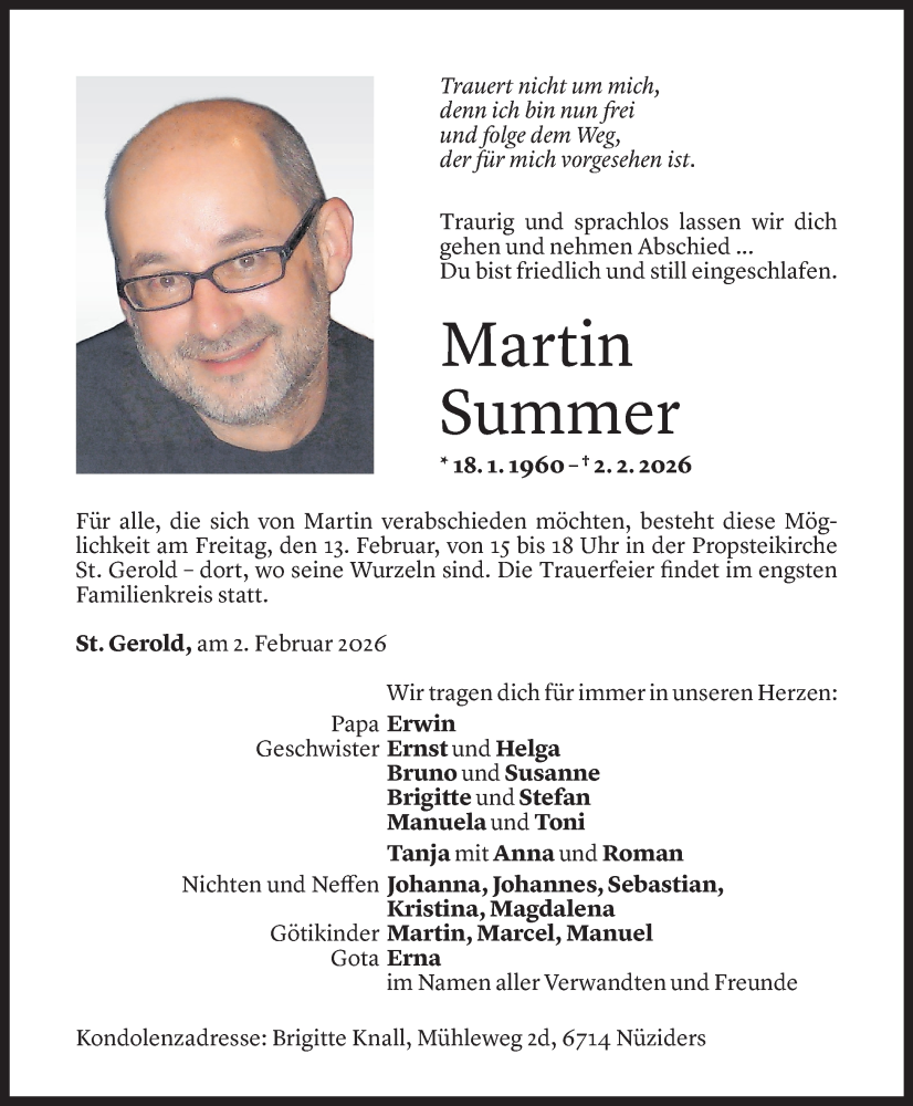  Todesanzeige für Martin Summer vom 08.02.2026 aus Vorarlberger Nachrichten