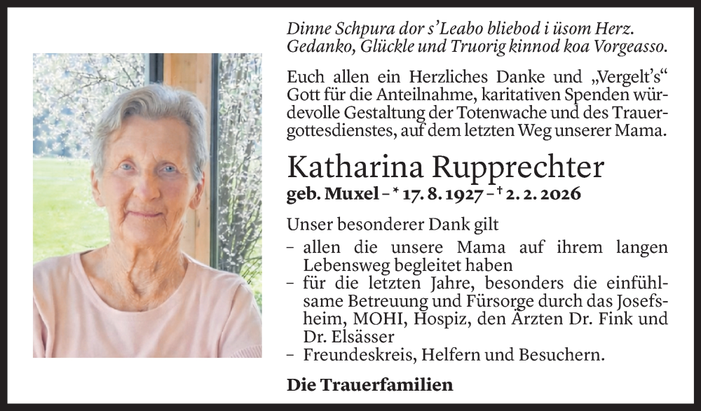  Todesanzeige für Katharina Rupprechter vom 24.02.2026 aus Vorarlberger Nachrichten