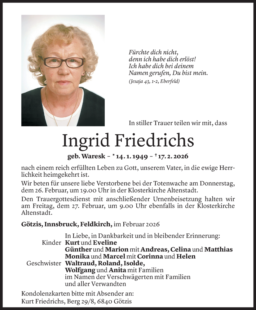 Todesanzeige für Ingrid Friedrichs vom 23.02.2026 aus Vorarlberger Nachrichten