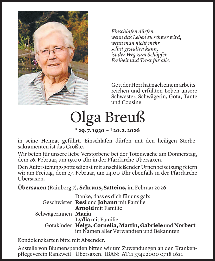  Todesanzeige für Olga Breuß vom 23.02.2026 aus Vorarlberger Nachrichten