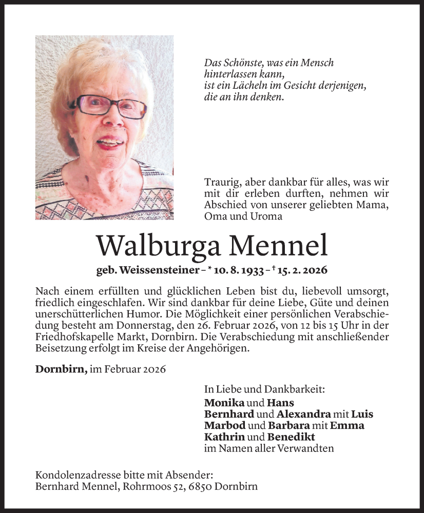  Todesanzeige für Walburga Mennel vom 20.02.2026 aus Vorarlberger Nachrichten