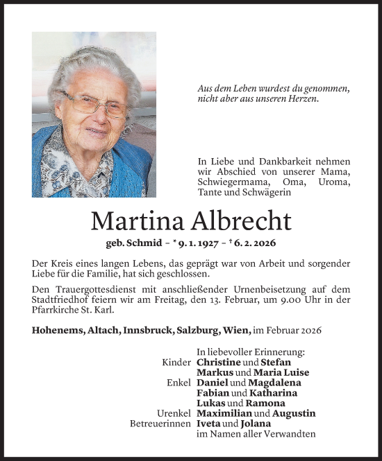 Todesanzeige von Martina Albrecht von Vorarlberger Nachrichten
