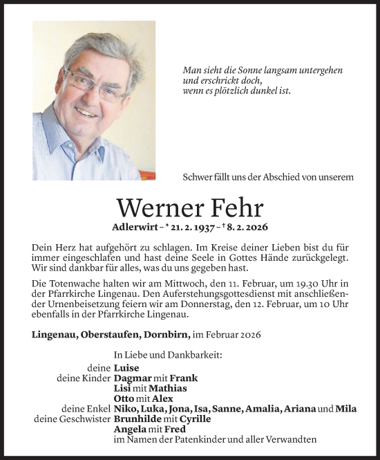 Todesanzeige von Werner Fehr von Vorarlberger Nachrichten