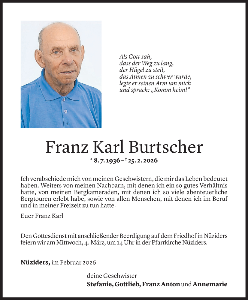  Todesanzeige für Franz Karl Burtscher vom 28.02.2026 aus Vorarlberger Nachrichten