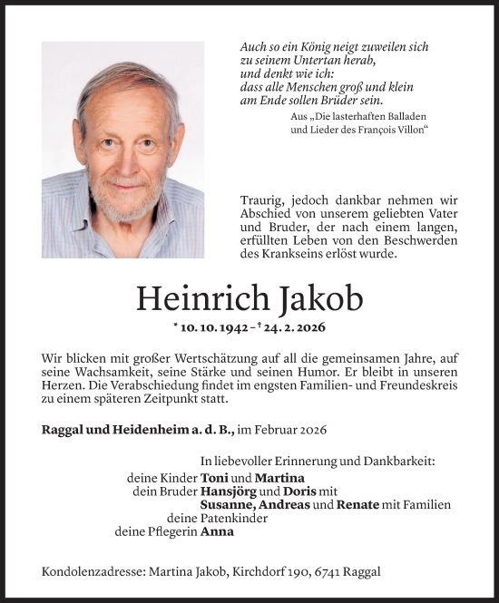 Todesanzeige von Heinrich Jakob von Vorarlberger Nachrichten