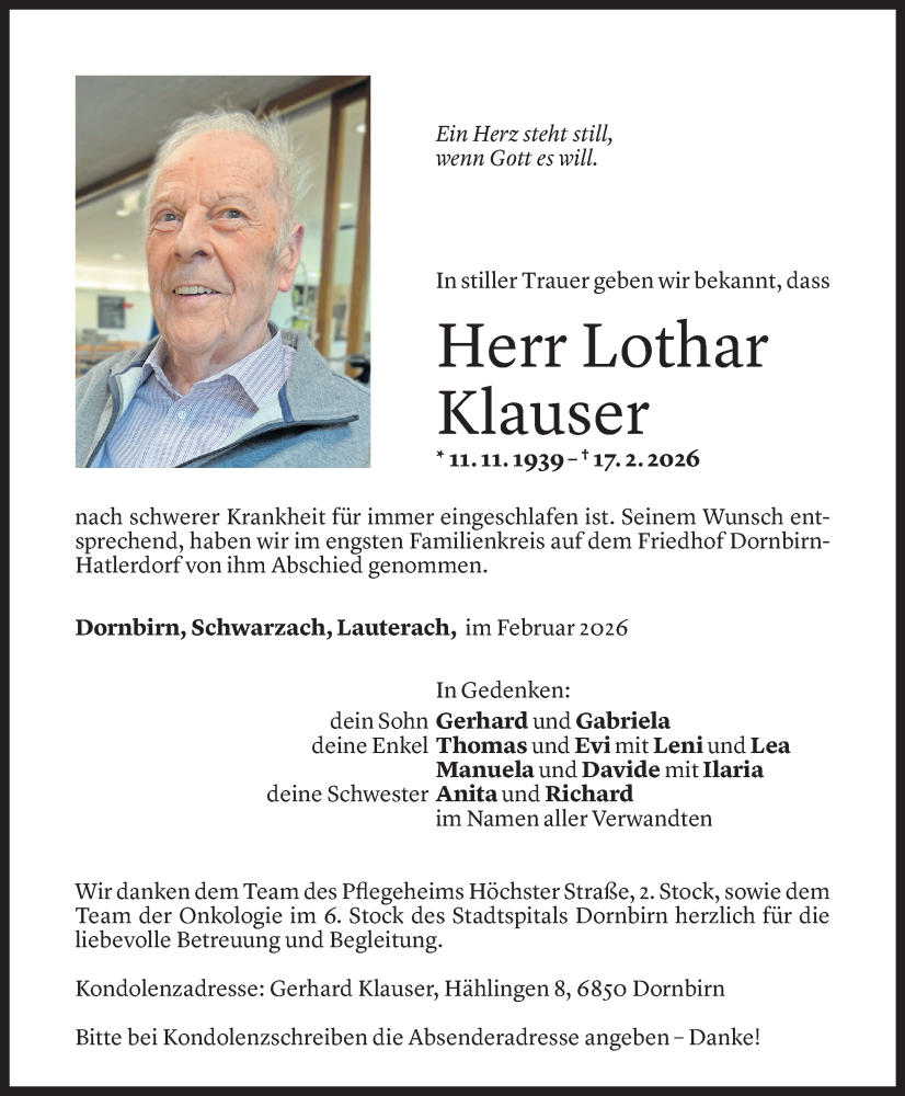  Todesanzeige für Lothar Klauser vom 25.02.2026 aus Vorarlberger Nachrichten