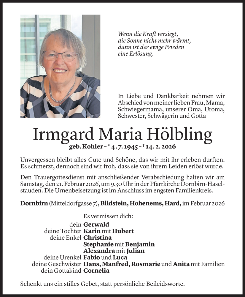  Todesanzeige für Irmgard Maria Hölbling vom 18.02.2026 aus Vorarlberger Nachrichten