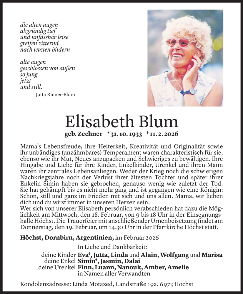  Todesanzeige für Elisabeth Blum vom 16.02.2026 aus Vorarlberger Nachrichten