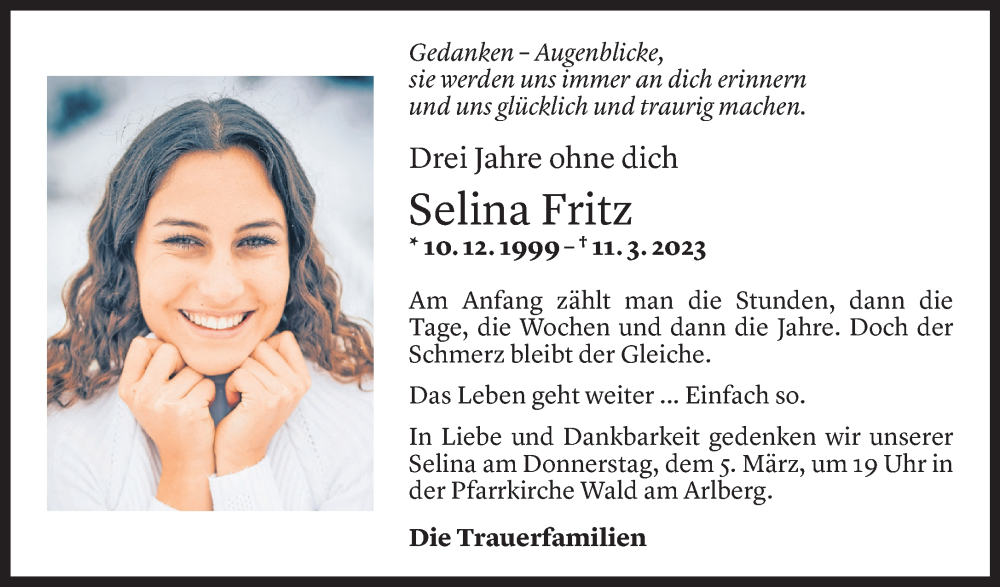  Todesanzeige für Selina Fritz vom 28.02.2026 aus Vorarlberger Nachrichten