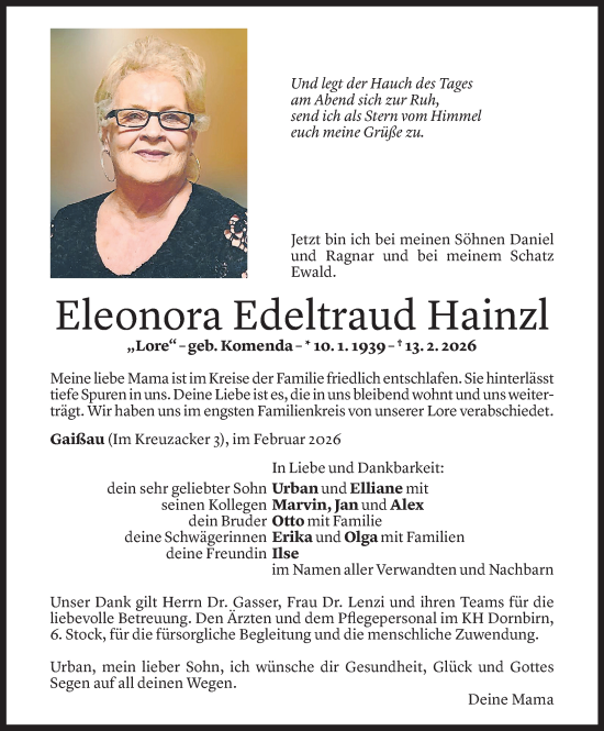 Todesanzeige von Eleonora Edeltraud Hainzl von Vorarlberger Nachrichten