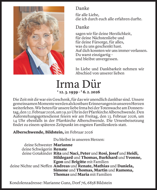 Todesanzeige von Irma Dür von Vorarlberger Nachrichten