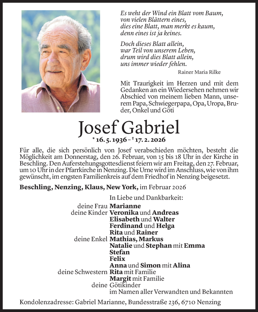  Todesanzeige für Josef Gabriel vom 20.02.2026 aus Vorarlberger Nachrichten