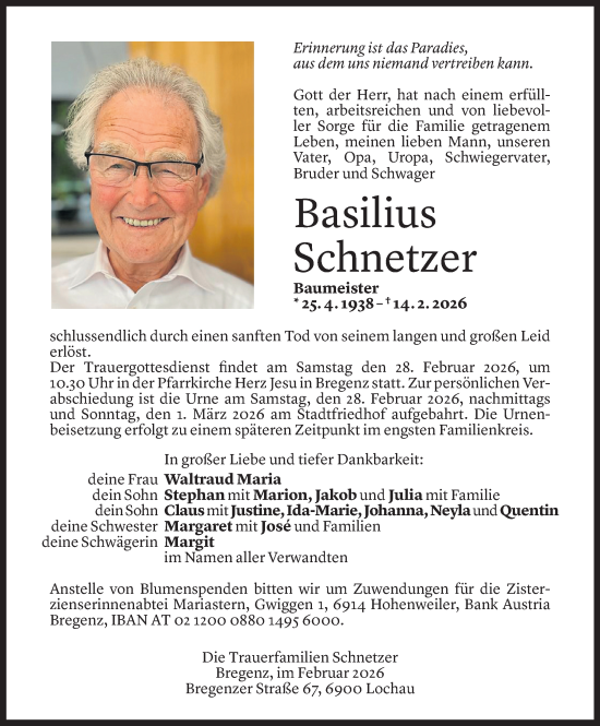 Todesanzeige von Basilius Schnetzer von Vorarlberger Nachrichten