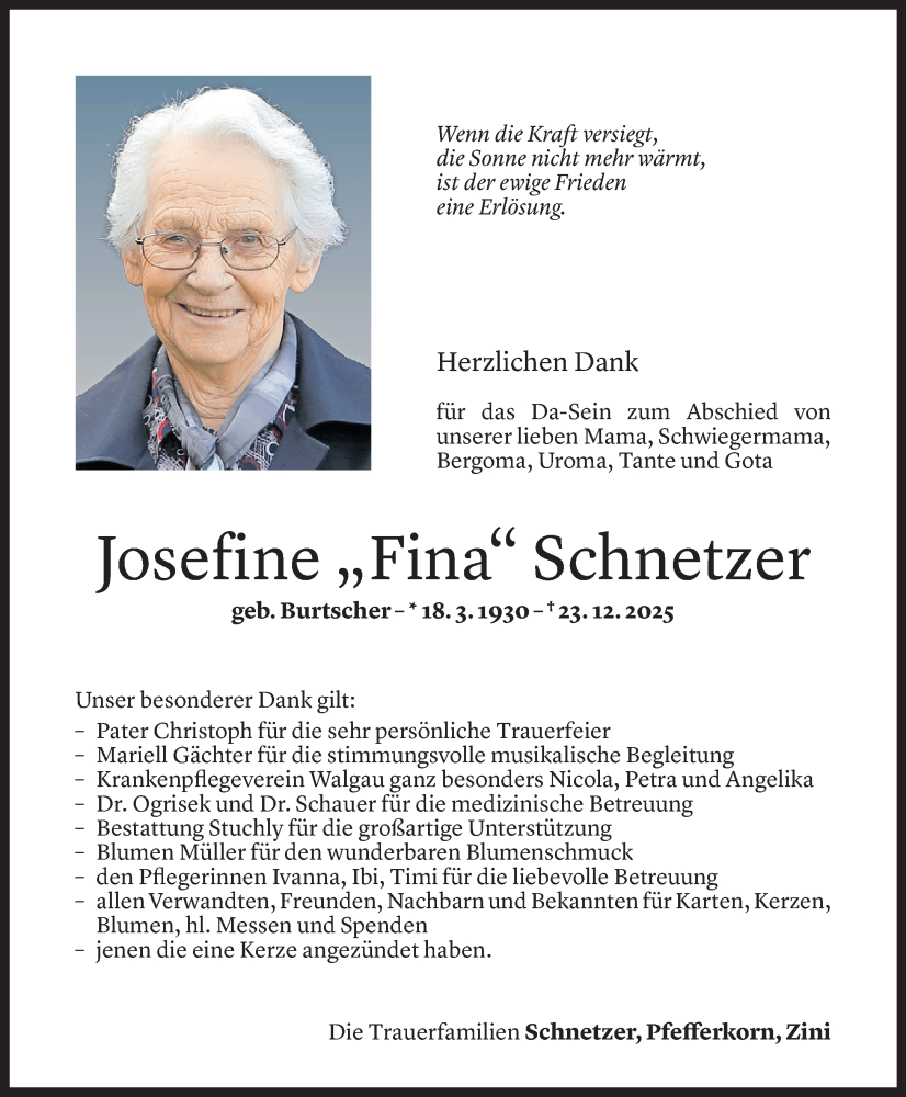  Todesanzeige für Josefine Schnetzer vom 05.02.2026 aus Vorarlberger Nachrichten