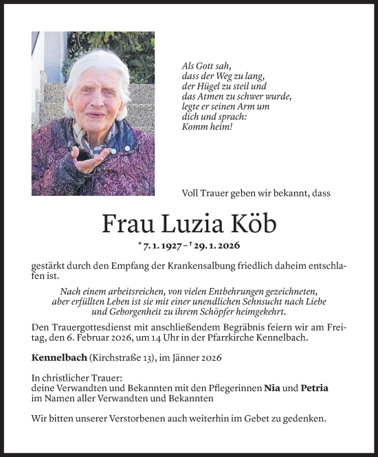 Todesanzeige von Luzia Köb von Vorarlberger Nachrichten