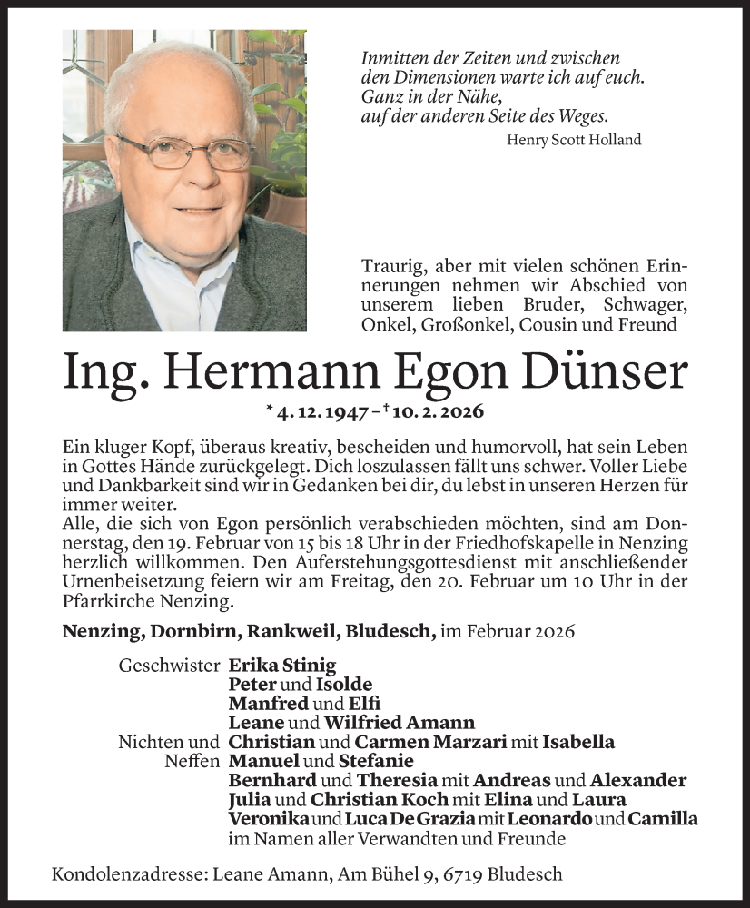  Todesanzeige für Hermann Egon Dünser vom 13.02.2026 aus Vorarlberger Nachrichten