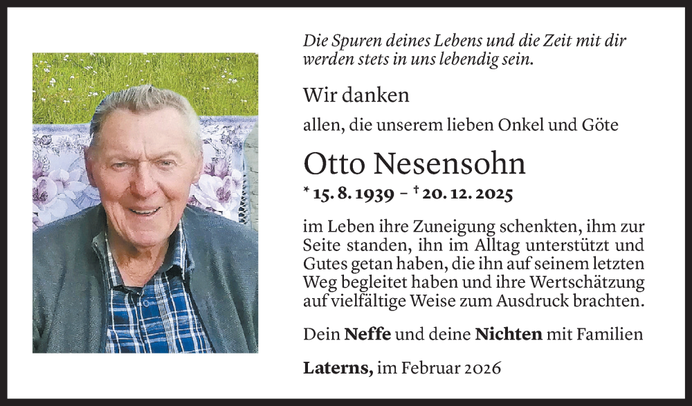  Todesanzeige für Otto Nesensohn vom 18.02.2026 aus Vorarlberger Nachrichten