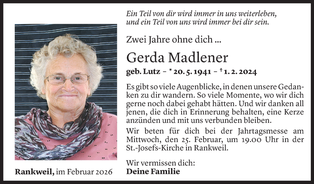 Todesanzeige für Gerda Madlener vom 23.02.2026 aus Vorarlberger Nachrichten