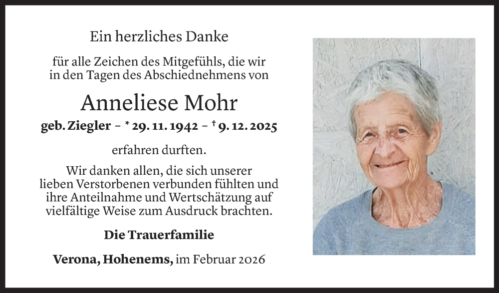  Todesanzeige für Anneliese Mohr vom 21.02.2026 aus Vorarlberger Nachrichten