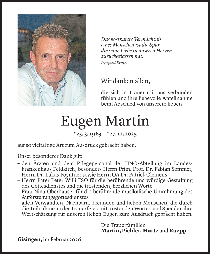  Todesanzeige für Eugen Martin vom 13.02.2026 aus Vorarlberger Nachrichten