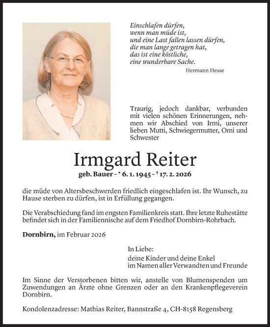 Todesanzeige von Irmgard Reiter von Vorarlberger Nachrichten