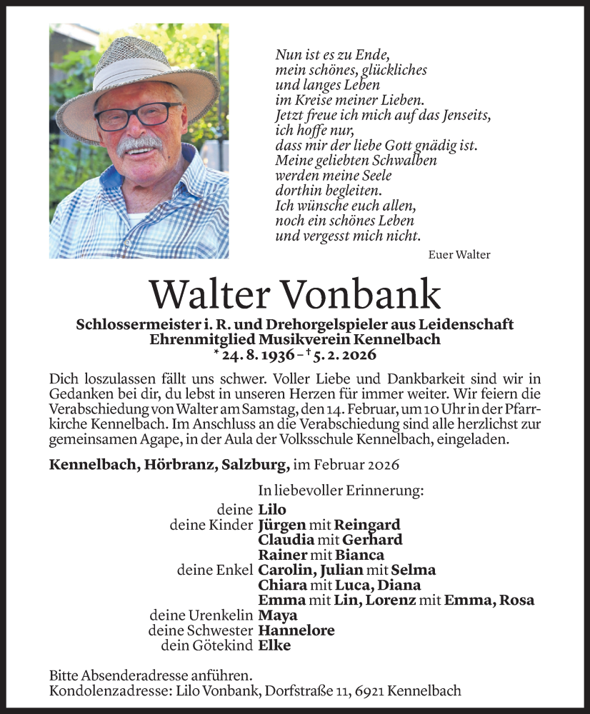  Todesanzeige für Walter Vonbank vom 09.02.2026 aus Vorarlberger Nachrichten