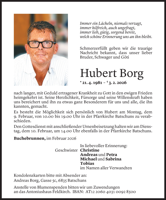 Todesanzeige von Hubert Borg von Vorarlberger Nachrichten