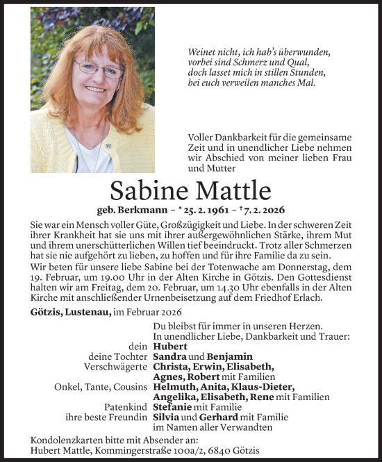 Todesanzeige von Sabine Mattle von Vorarlberger Nachrichten
