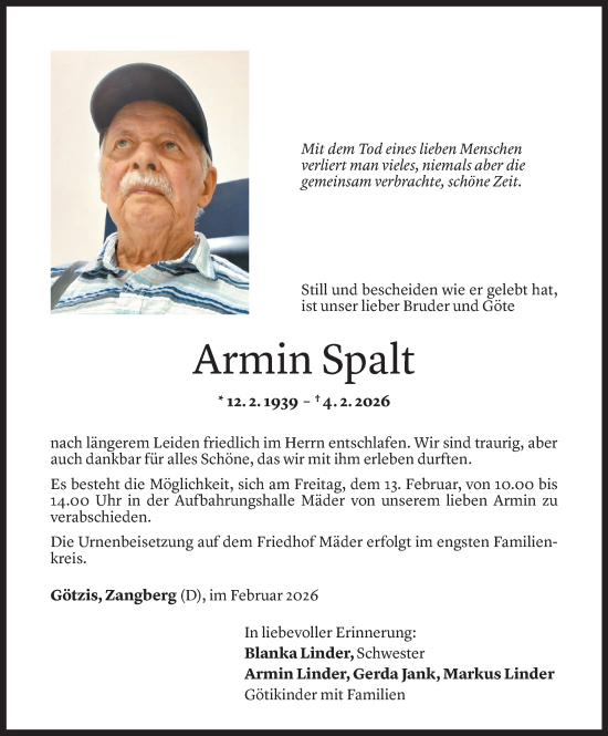 Todesanzeige von Armin Spalt von Vorarlberger Nachrichten